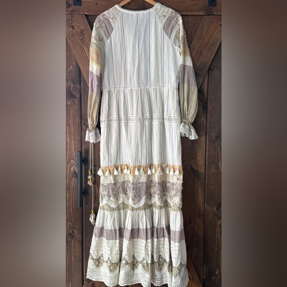 Hemant & Nandita Cream Embroidered Bohemian Maxi Dress with Tassels 100% Cotton - Picture 6 of 6